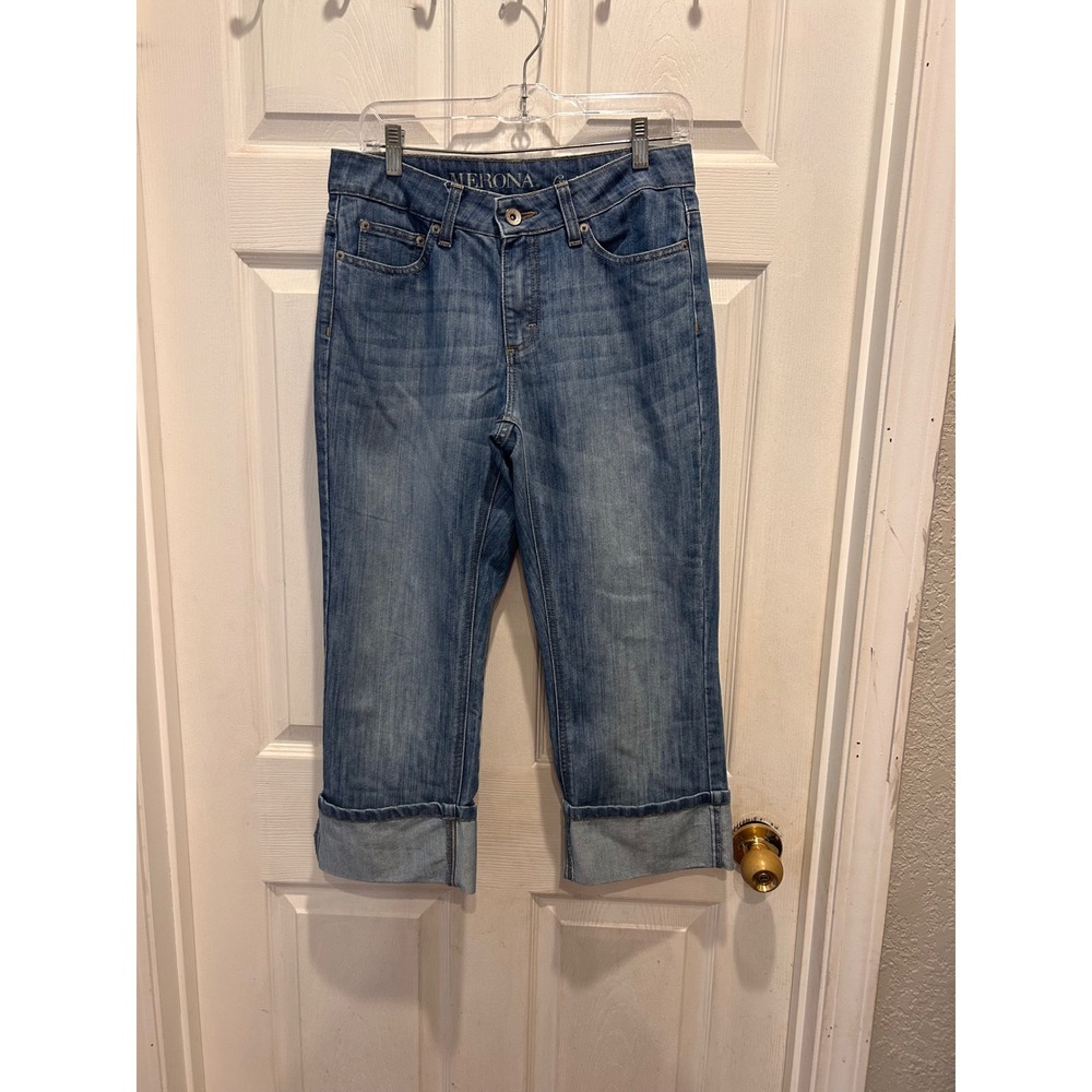 Merona Women 8R Medium Wash Blue Cropped Cuffed Jeans Fit 1 Straight Leg Denim 8